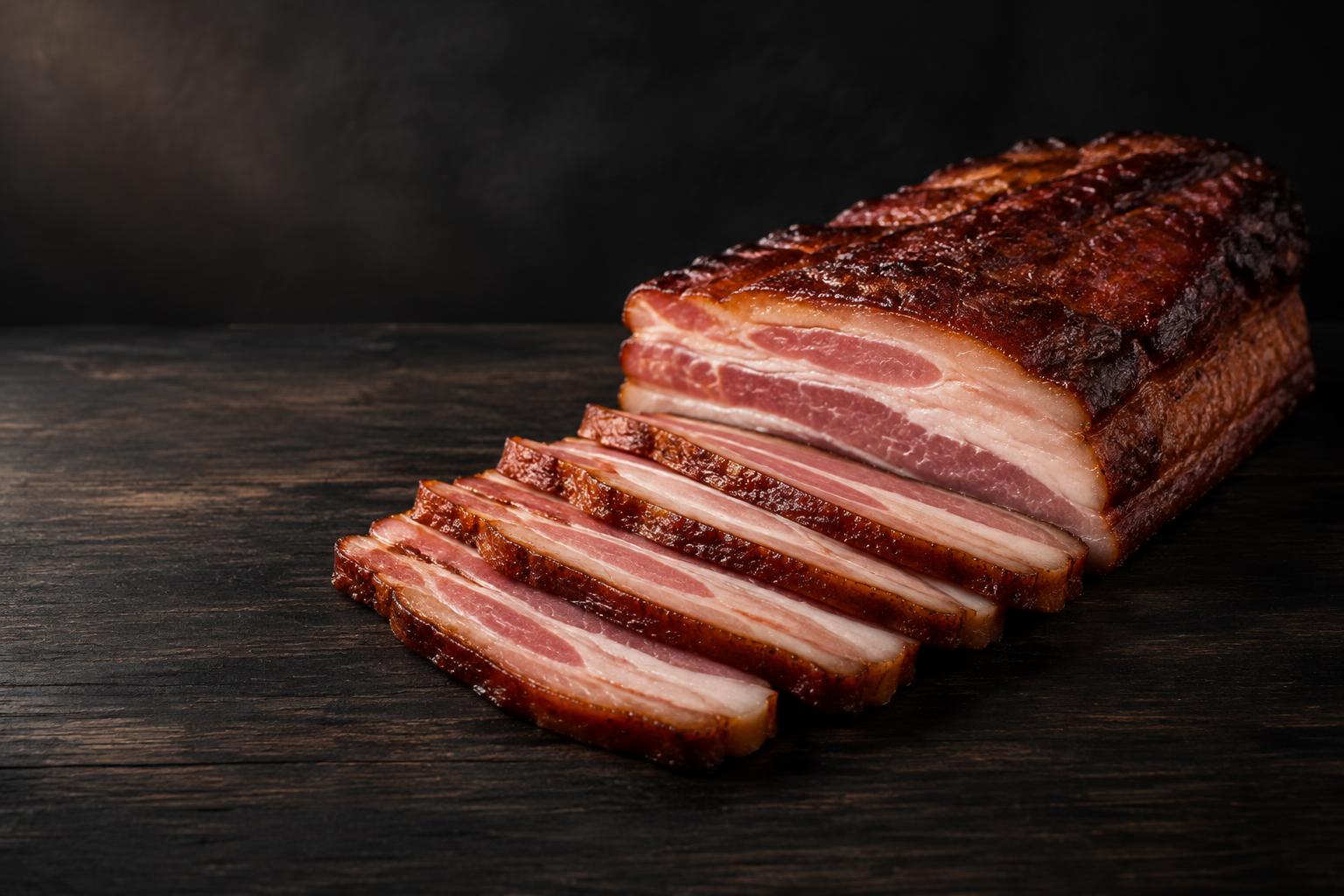 Peça de bacon artesanal defumado com fatias grossas