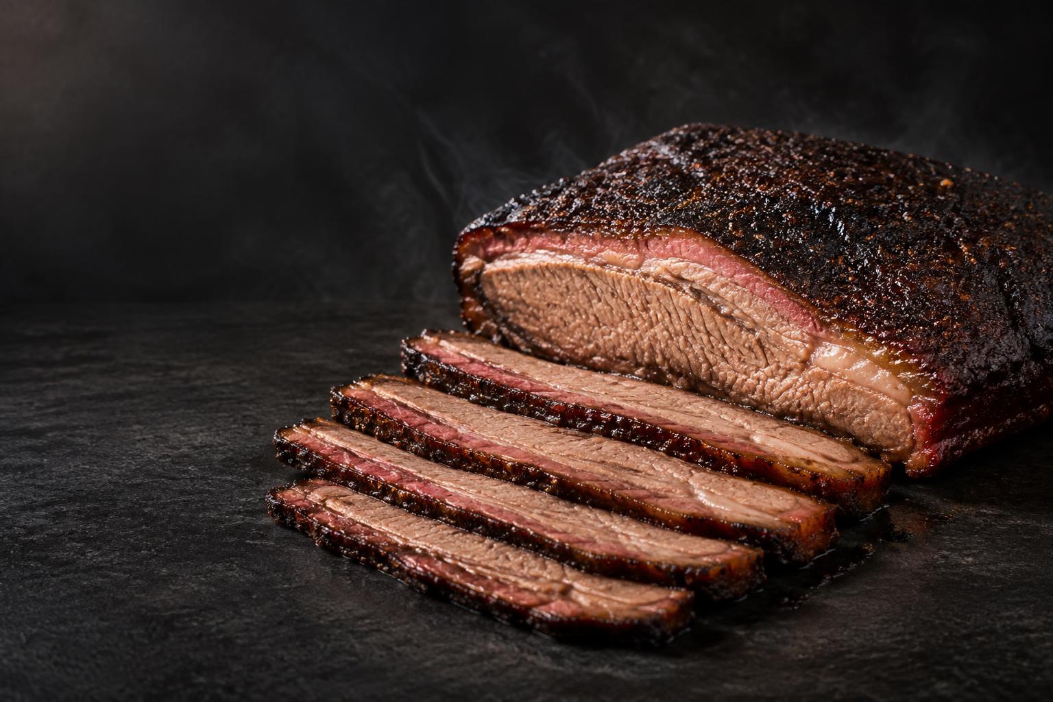 Peça de brisket defumado fatiada com bark e smoke ring visíveis