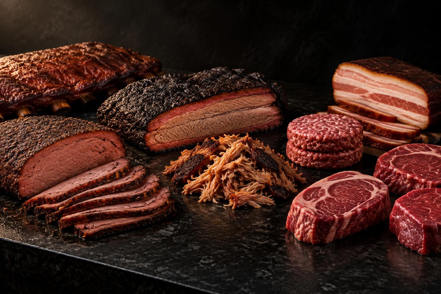 Pastrami, brisket, pulled pork, bacon, hambúrgueres, cortes bovinos e costelinha organizados em bancada profissional