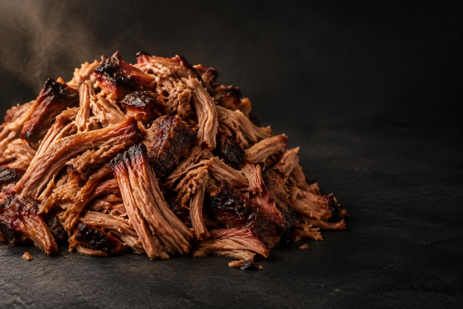 Pulled pork suculento com fibras longas e pedaços de bark